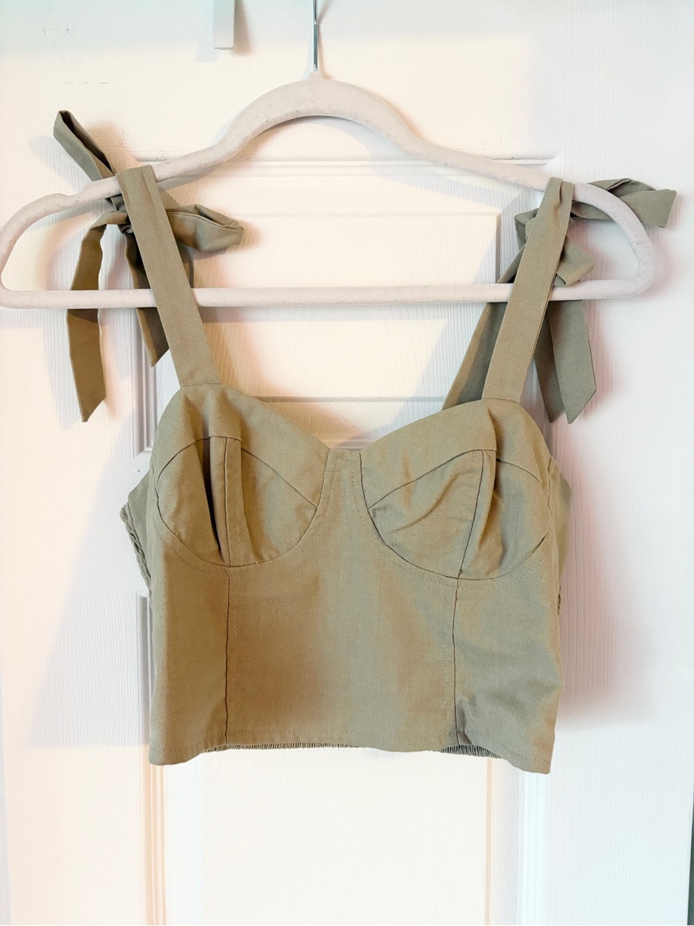 miami by Francesca’s Beige Bustier Tie-Shoulder Crop Top Linen & Cotton Blend